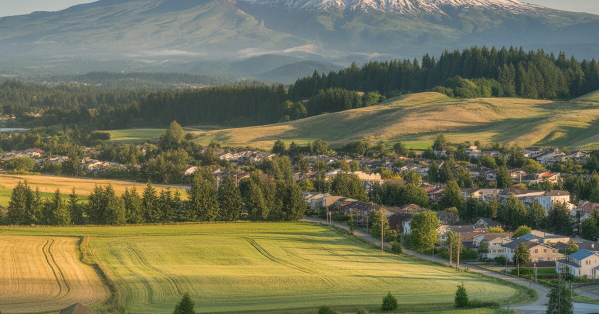 Clark County, Washington with farmland, suburban development, and Mount St. Helens