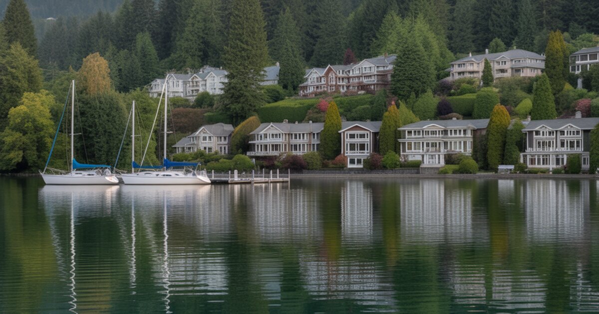 Oswego Lake with waterfront homes and forested hillsides in Lake Oswego, Oregon
