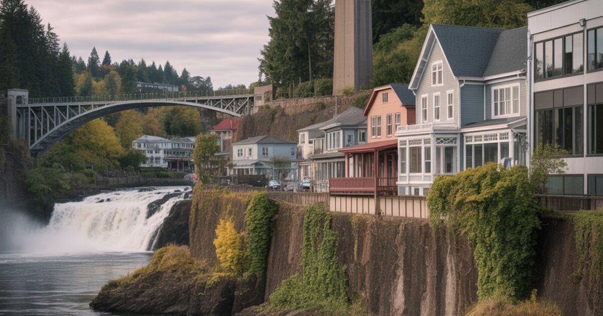 Oregon City with Willamette Falls and historic buildings along the bluff