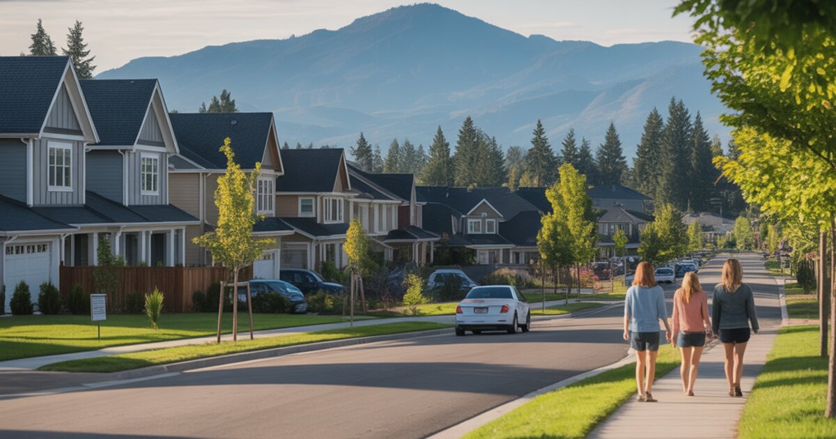 Suburban Tigard, Oregon with new construction homes and neighborhood park