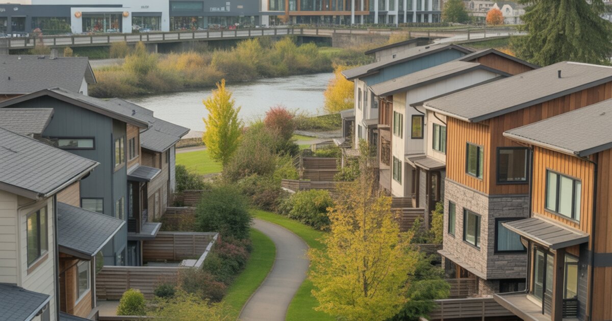 Tualatin, Oregon with modern townhomes near the Tualatin River and green walking paths