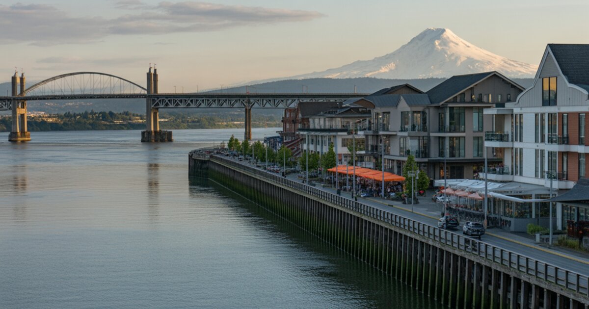Vancouver, Washington waterfront with Columbia River and Mount Hood