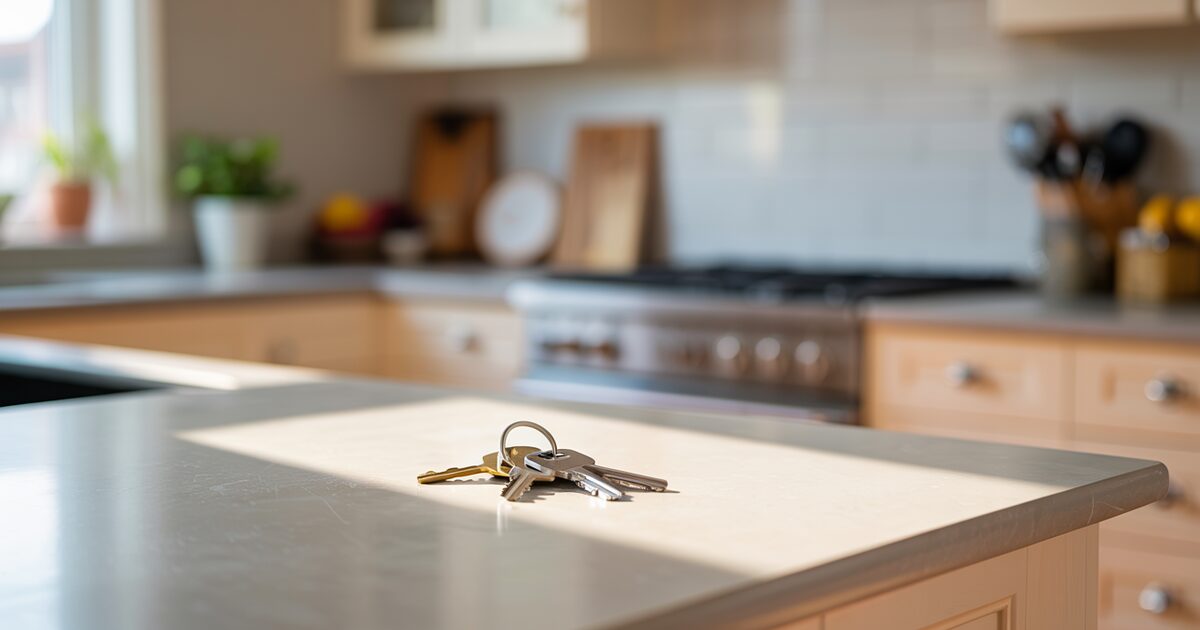 A set of new house keys resting on a quartz kitchen island in a freshly built home