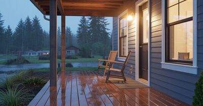 The covered front porch of a newly built Pacific Northwest home on a rainy morning with a lamp lit inside