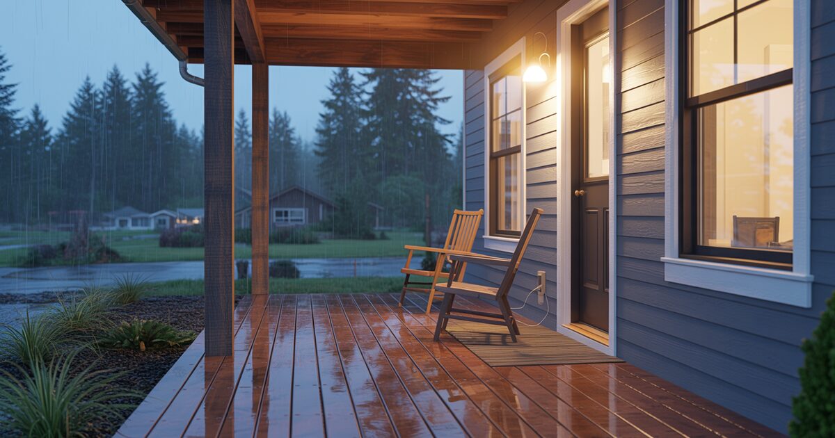 The covered front porch of a newly built Pacific Northwest home on a rainy morning with a lamp lit inside