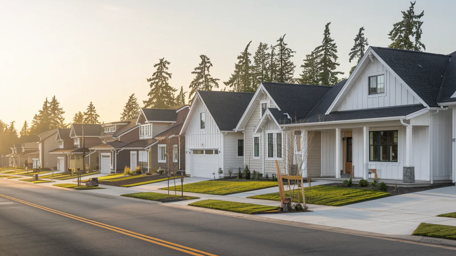 A row of brand new single-family homes on a quiet suburban street in the Portland metro under soft golden morning light