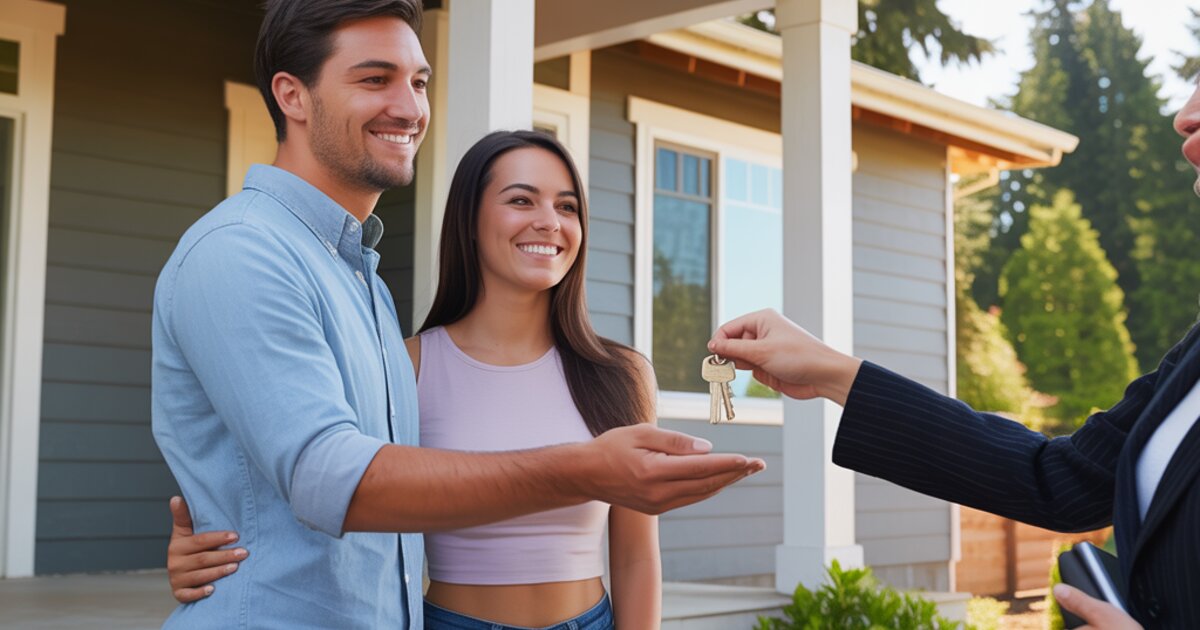 Young couple receiving house keys at the doorway of a brand-new construction home in the Pacific Northwest