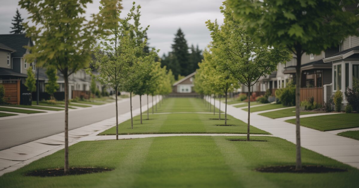 A quiet new residential street in a Pacific Northwest subdivision with a landscaped grass median and young maple trees