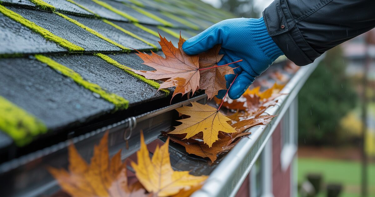 Gloved hands clearing wet maple leaves from the gutter of a Pacific Northwest home in autumn