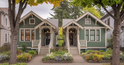 A well-maintained duplex property in a Portland Oregon neighborhood with two separate entrances and covered porches