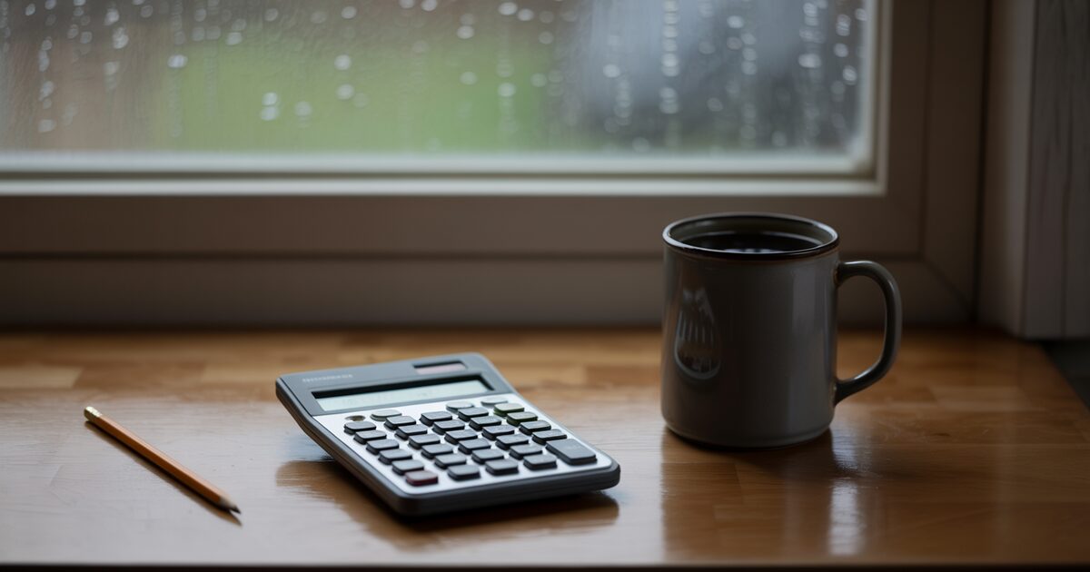 A wooden kitchen table by a rain streaked window with a calculator, a pencil and a mug of coffee