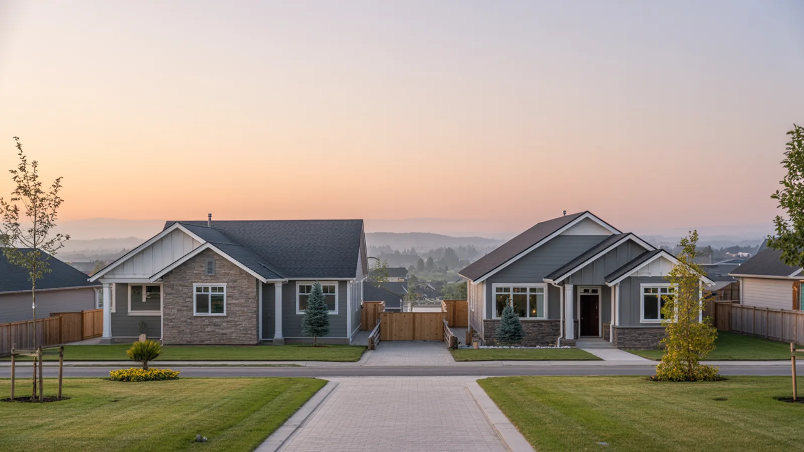 Calm front view of new single family construction homes in suburban Portland under soft golden morning light