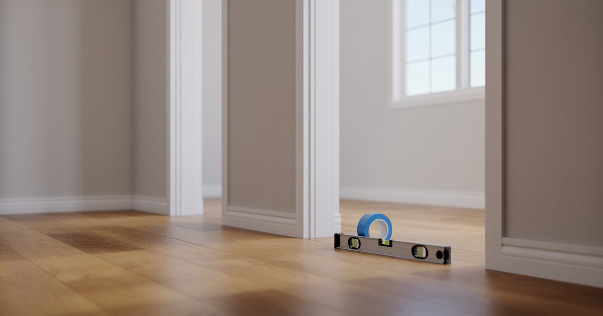 An empty newly finished room with oak floors, a roll of painters tape and a level resting near the doorway