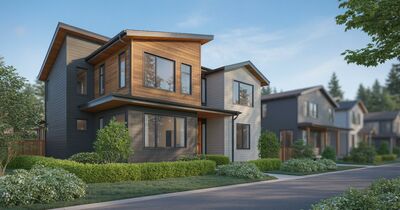 Brand-new two-story home with modern finishes in a Portland Oregon new construction community with green landscaping
