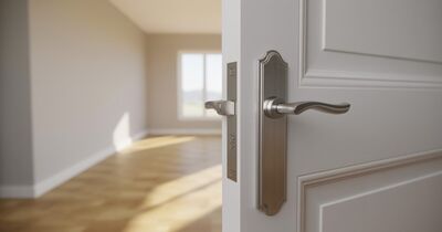 A new interior door standing half open in an empty freshly built room with daylight on the lever handle