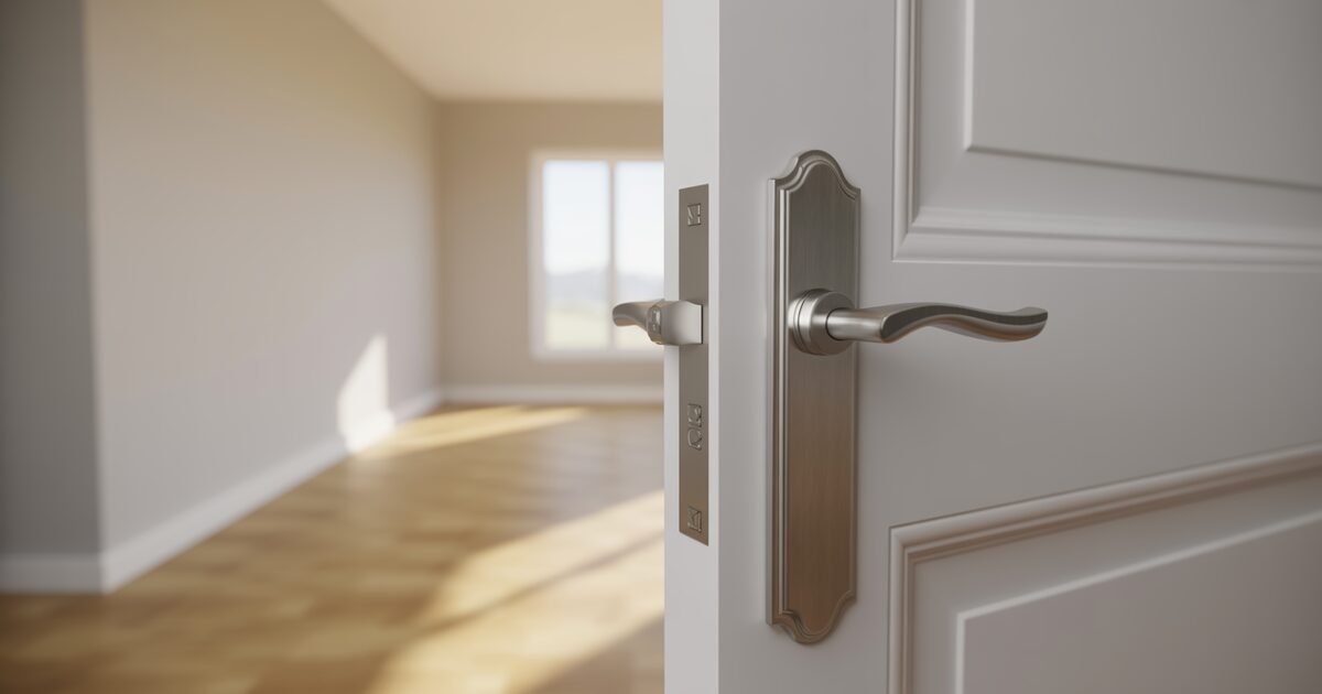 A new interior door standing half open in an empty freshly built room with daylight on the lever handle