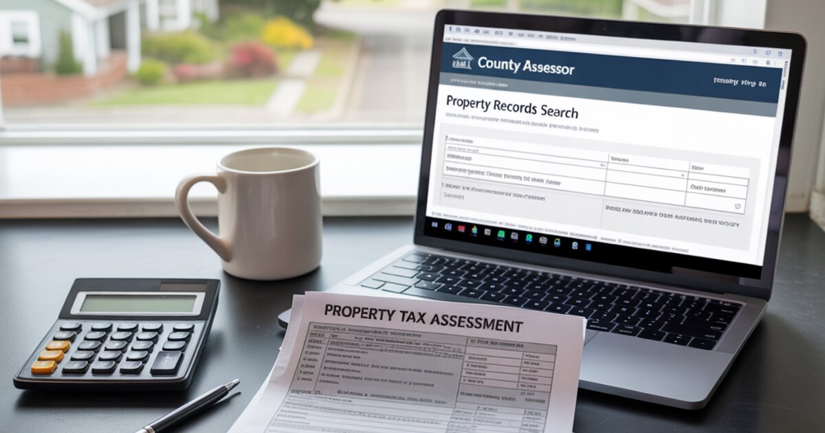 Property tax statement on a kitchen counter with a laptop showing a county assessor website and Oregon neighborhood through the window
