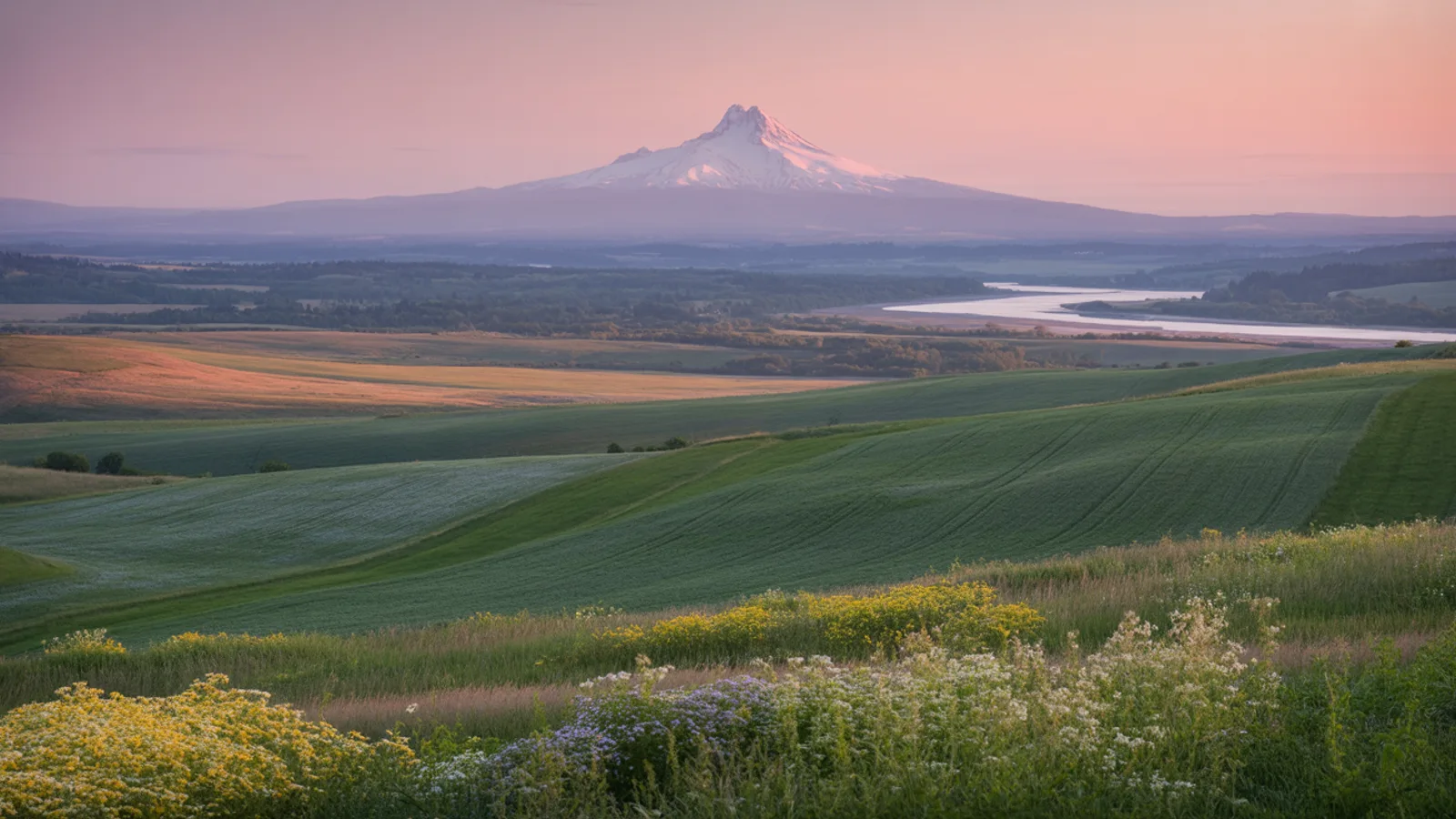 Calm summer evening view of Mount Hood with rolling green Willamette Valley foreground and clear sky