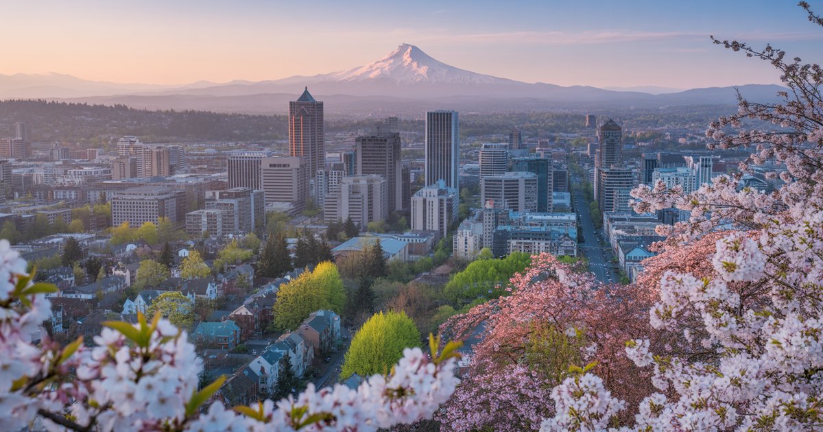 Aerial view of Portland Oregon skyline with Mount Hood and residential neighborhoods in spring sunshine