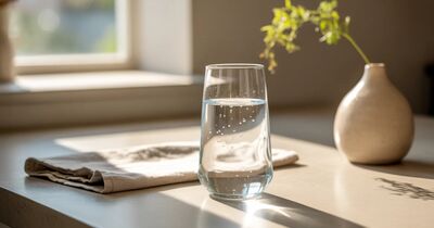 Calm view of a clear glass of water on a kitchen counter with a soft sunlit window in the background
