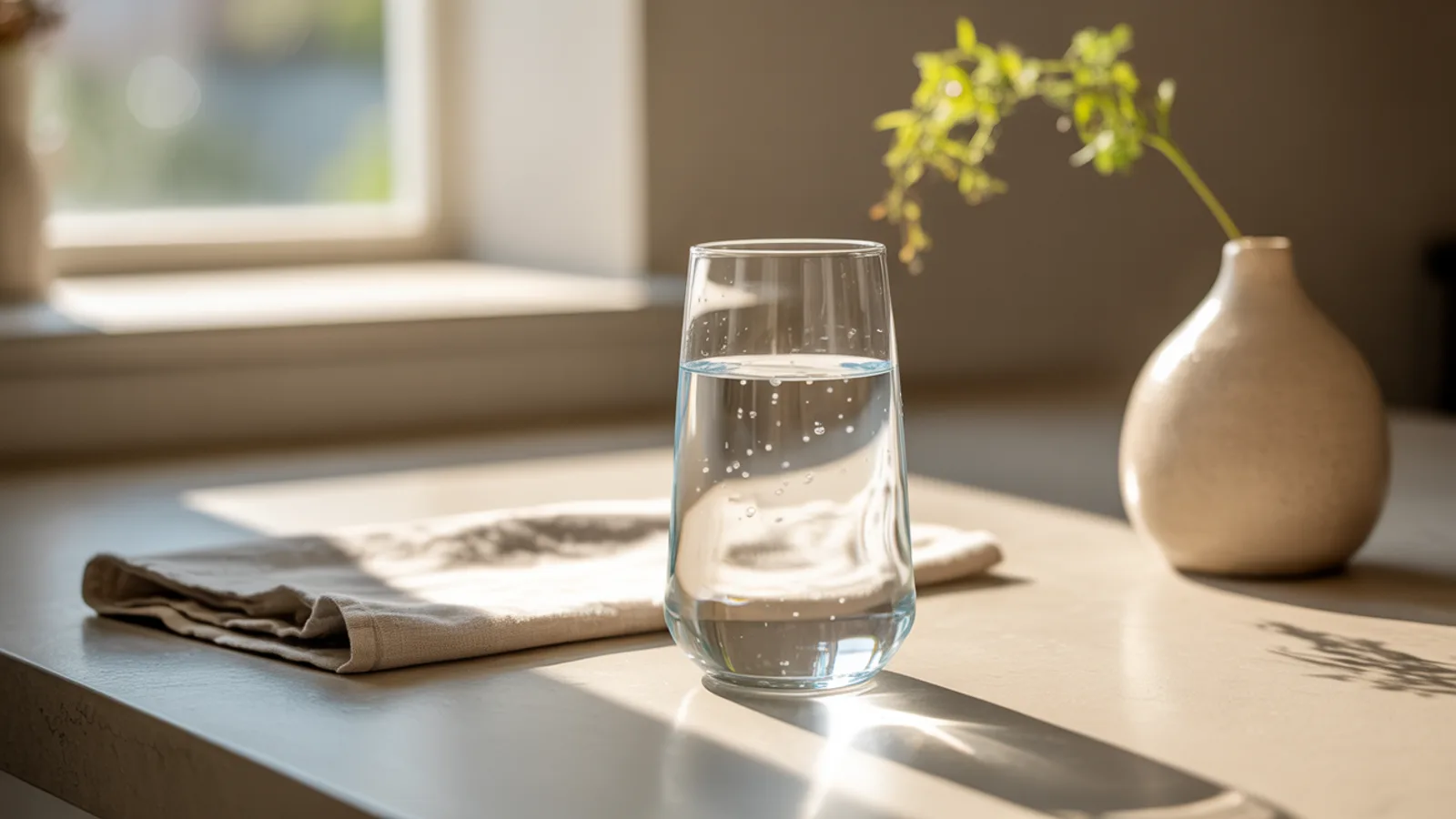 Calm view of a clear glass of water on a kitchen counter with a soft sunlit window in the background