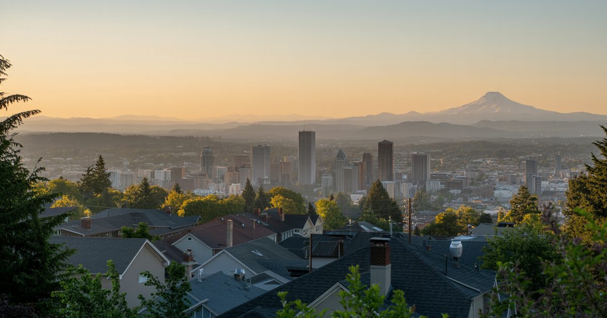 Portland at golden hour seen from a hillside with residential rooftops in the foreground and Mount Hood on the horizon