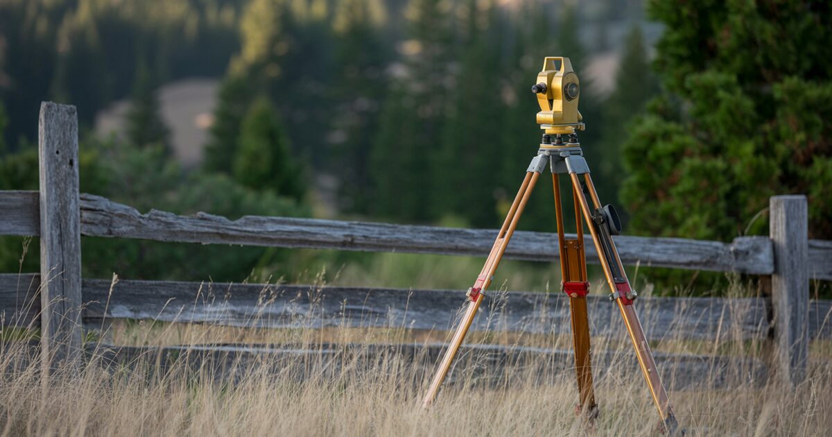 An antique brass surveyor transit on a tripod beside a weathered split rail fence at the edge of a rural Oregon property