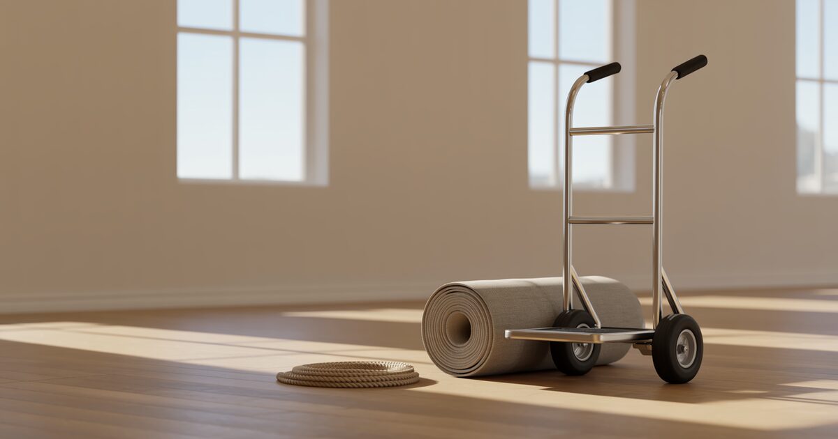 A hand truck and a rolled moving blanket in the corner of an empty living room with tall windows