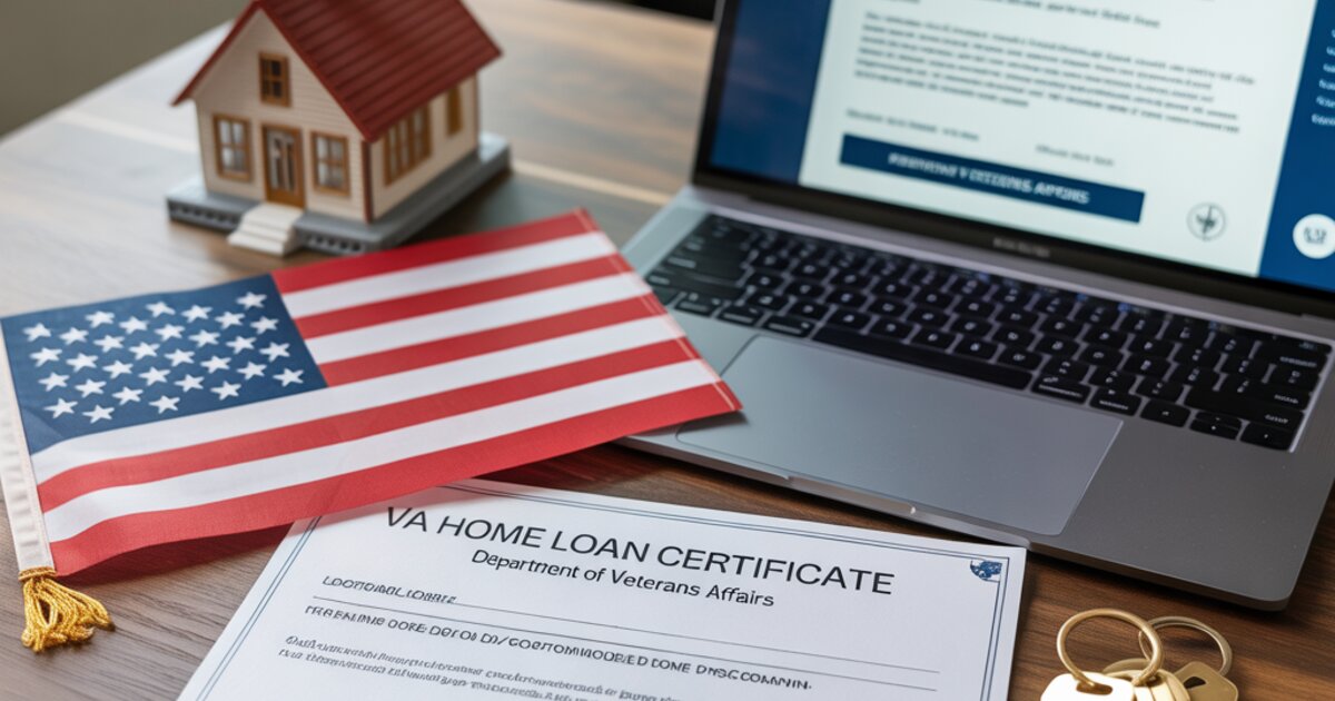 American flag, VA home loan certificate, model house, and house keys with VA keychain on a desk