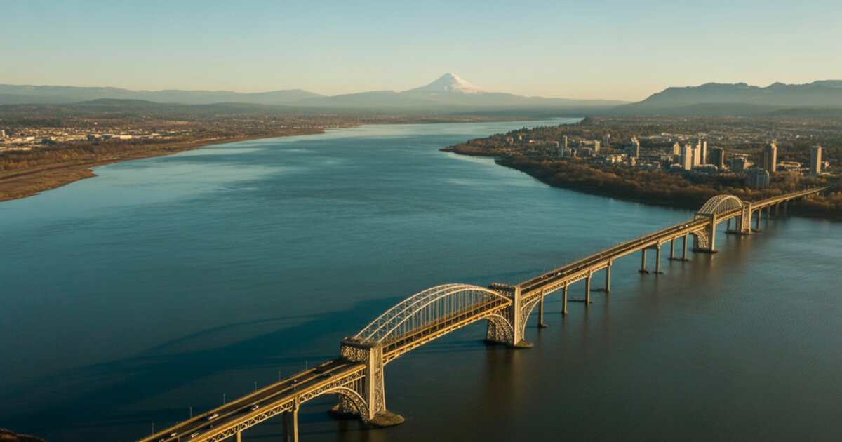 Aerial view of the Columbia River with the Interstate Bridge connecting Vancouver, Washington and Portland, Oregon with Mount Hood in the distance