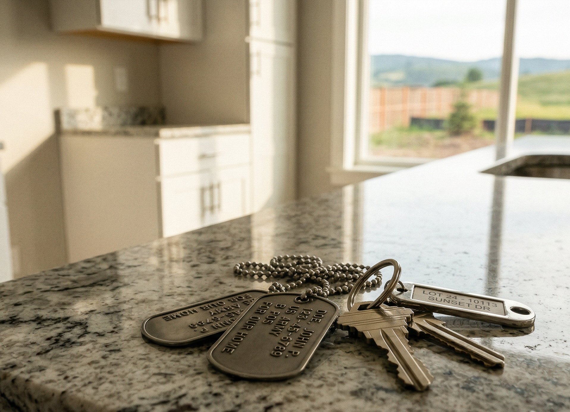 Military dog tags resting on house keys on a granite countertop in a new-construction home
