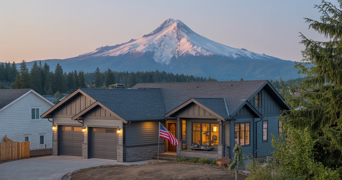Pacific Northwest landscape with evergreen trees, a residential neighborhood, and snow-capped Mount Hood in the distance