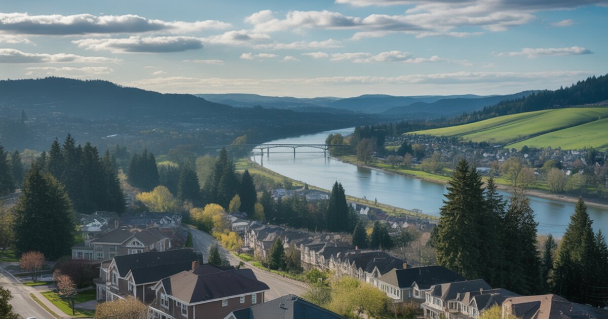 Scenic elevated view of West Linn, Oregon with the Willamette River, tree-lined residential streets, and green hillsides